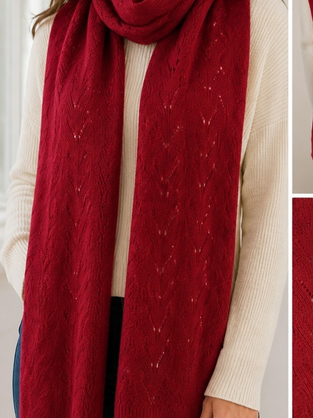 Y2K Gap Angora Blend Deep Red Scarf 10x88" Pointelle Knit Openwork Leaf Pattern